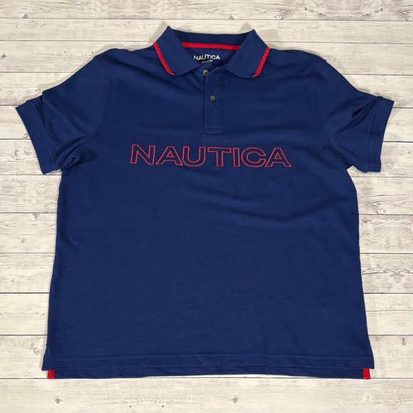 Nautica Classic Fit Polo Shirt Mens Medium Blue Red Trim Short Sleeve - Picture 1 of 12